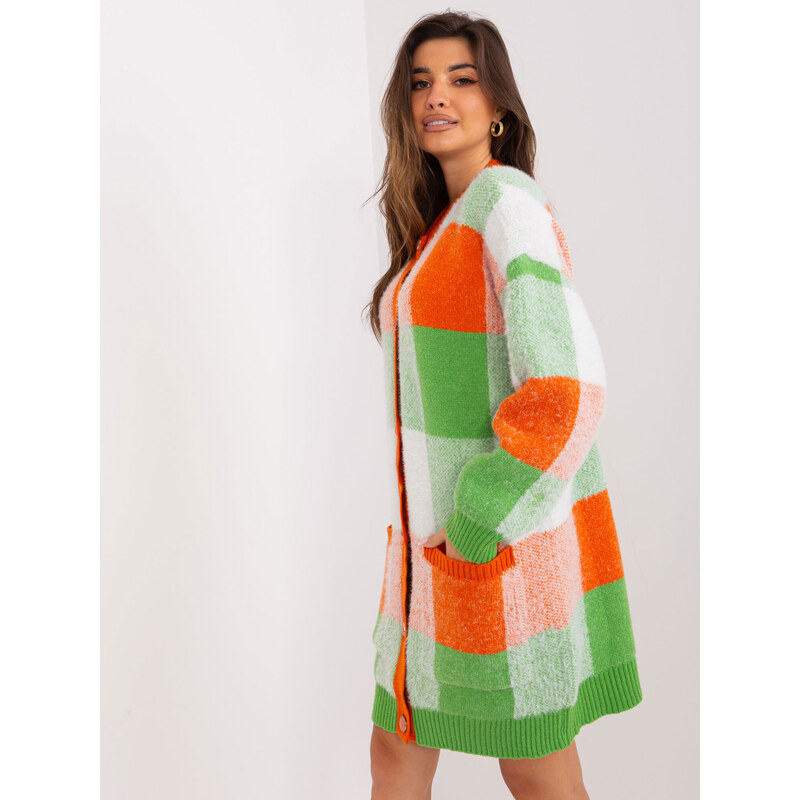 Fashionhunters Oranžový a světle zelený károvaný kardigan