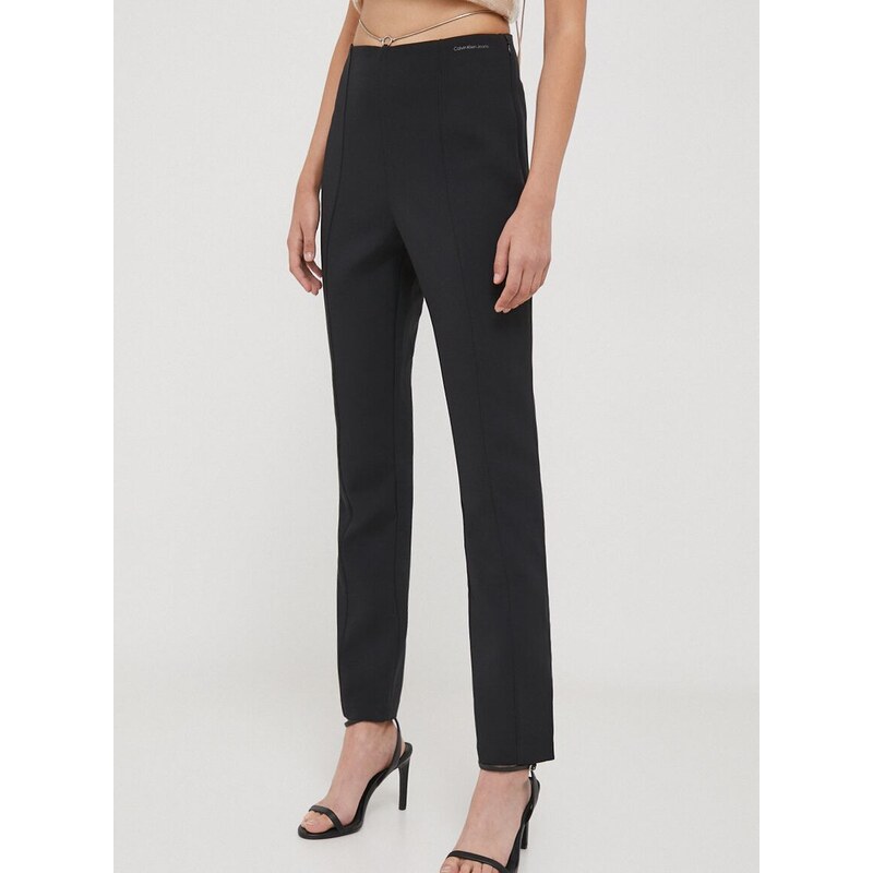 Kalhoty Calvin Klein Jeans dámské, černá barva, přiléhavé, high waist
