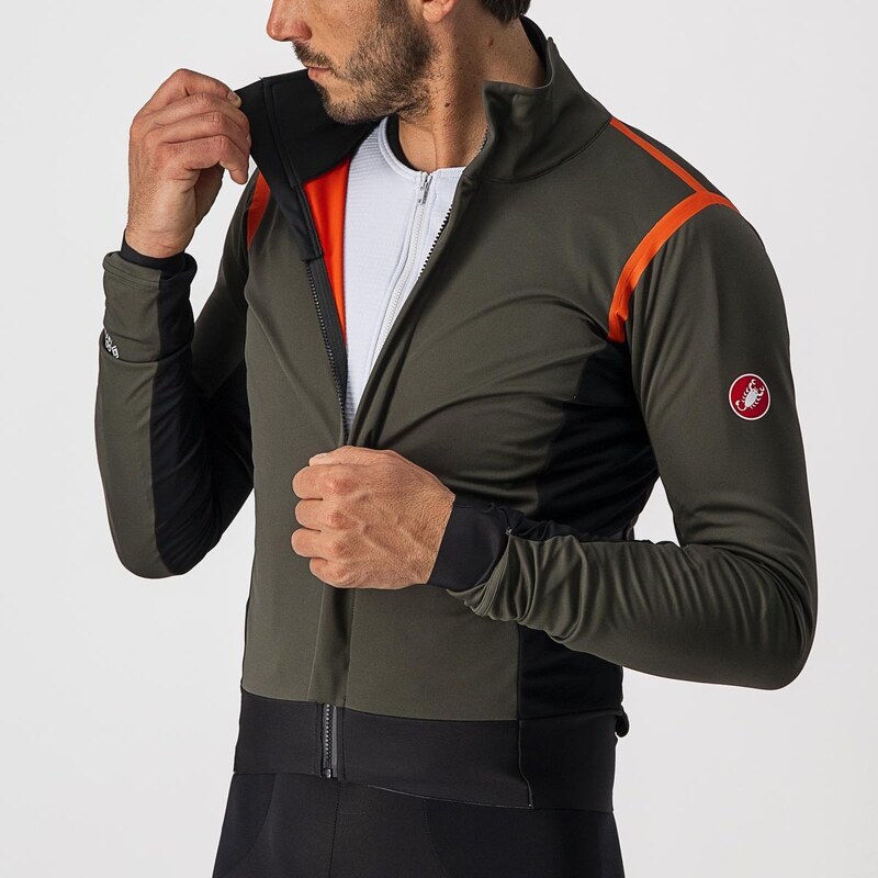 Castelli - zateplená bunda alpha ros 2 military green/fiery red-silver gray