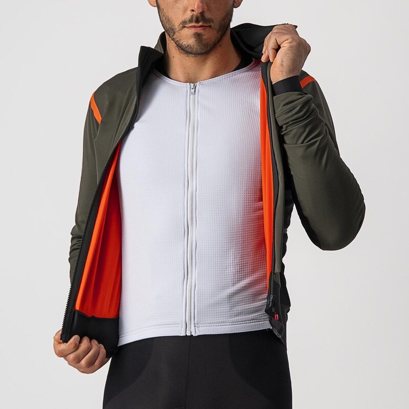 Castelli - zateplená bunda alpha ros 2 military green/fiery red-silver gray