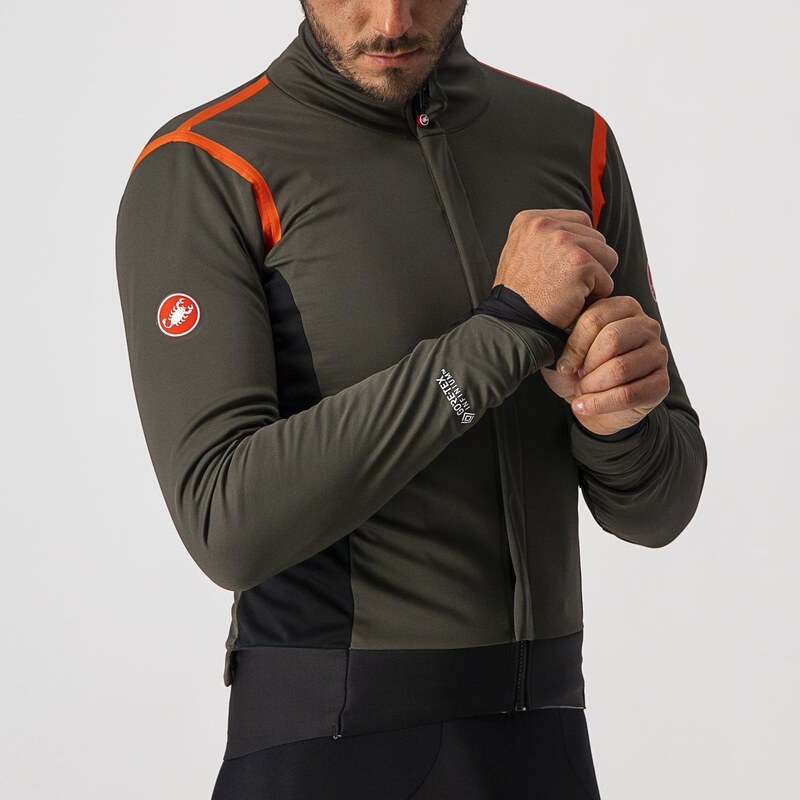 Castelli - zateplená bunda alpha ros 2 military green/fiery red-silver gray