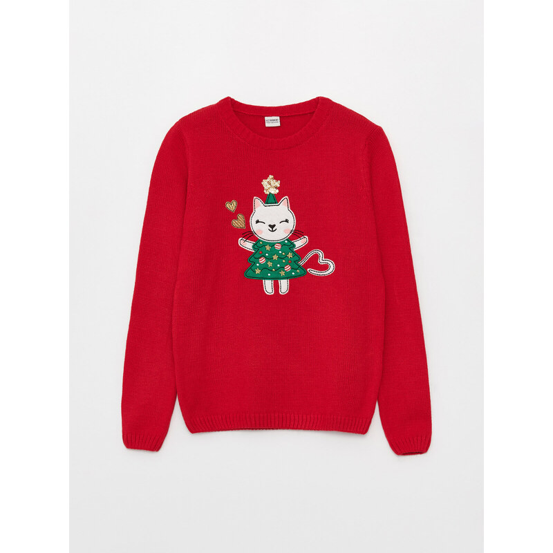 LC Waikiki Crew Neck Christmas Theme Long Sleeve Girls Knitwear Sweater