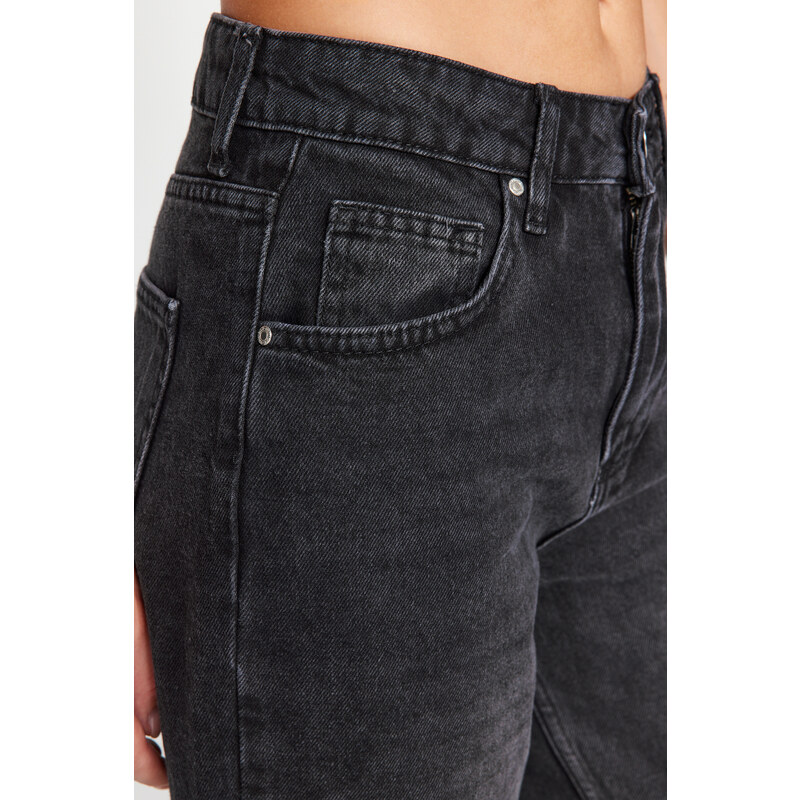 Trendyol černá manžeta detailní džíny s vysokým pasem a širokými nohavicemi