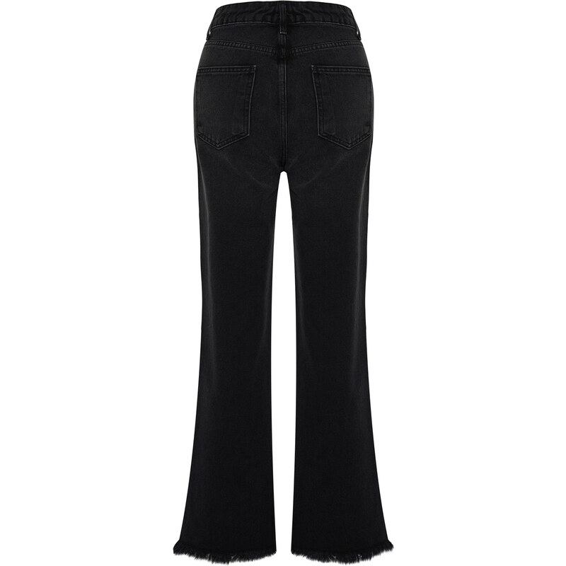 Trendyol černá manžeta detailní džíny s vysokým pasem a širokými nohavicemi
