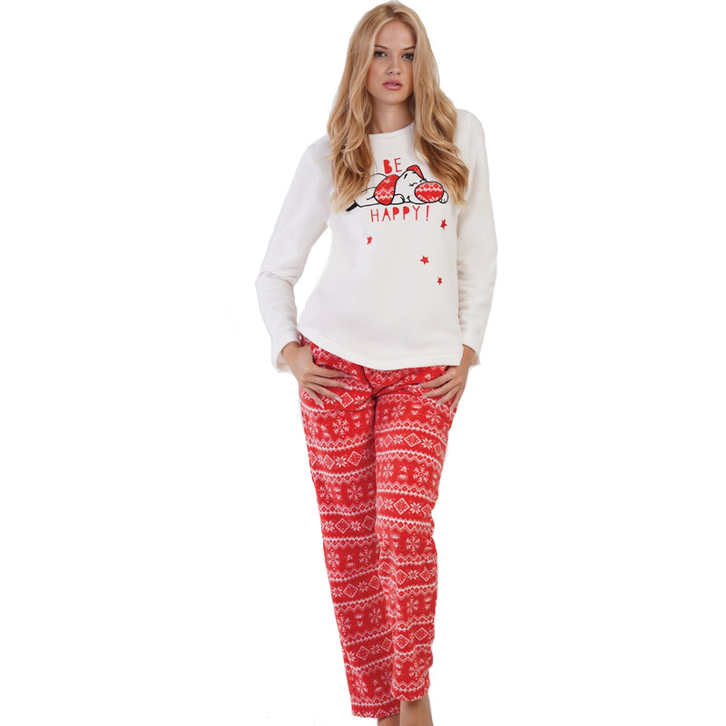 Naspani Červené i bílé luxusní hřejivé dámské pyžamo s norským vzorem a Veselým spícím pejskem 1Z1506