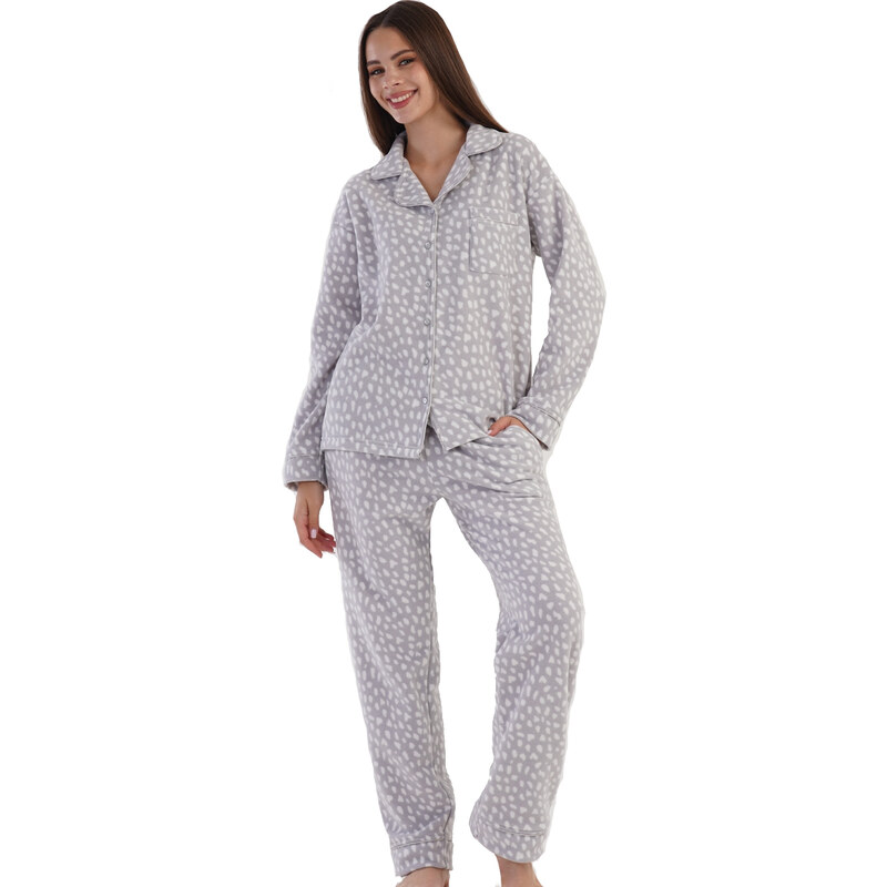Naspani Šedé klasické luxusní hřejivé dámské pyžamo celopopínací na knoflíky strakatý vzor 1Z1515