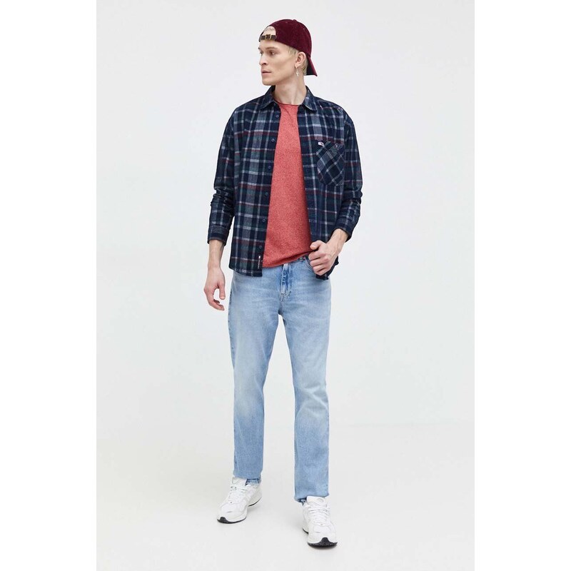 Manšestrová košile Tommy Jeans tmavomodrá barva, relaxed, s klasickým límcem, DM0DM18327