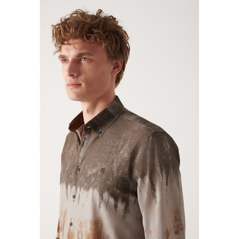Avva Men's Brown Printed Buttoned Collar 100% Cotton Slim Fit Slim Fit Shirt