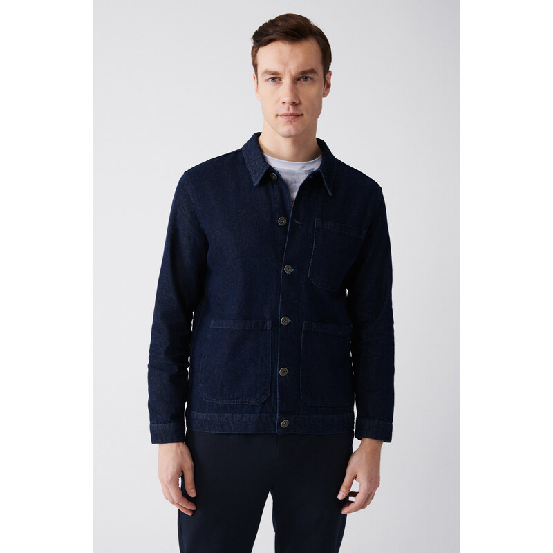 Avva Men's Navy Blue Classic Collar 100% Cotton Comfort Fit Comfortable Cut Denim Coat