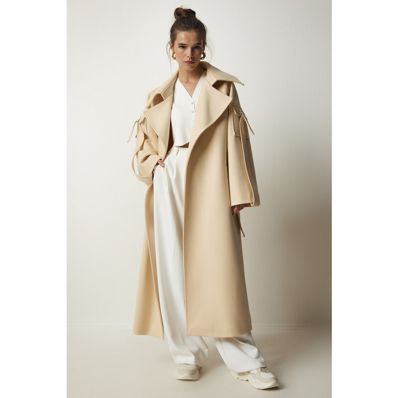 Happiness İstanbul Women's Cream Premium Fleece Long Cachet Coat with Pocket Detail on the Sleeves