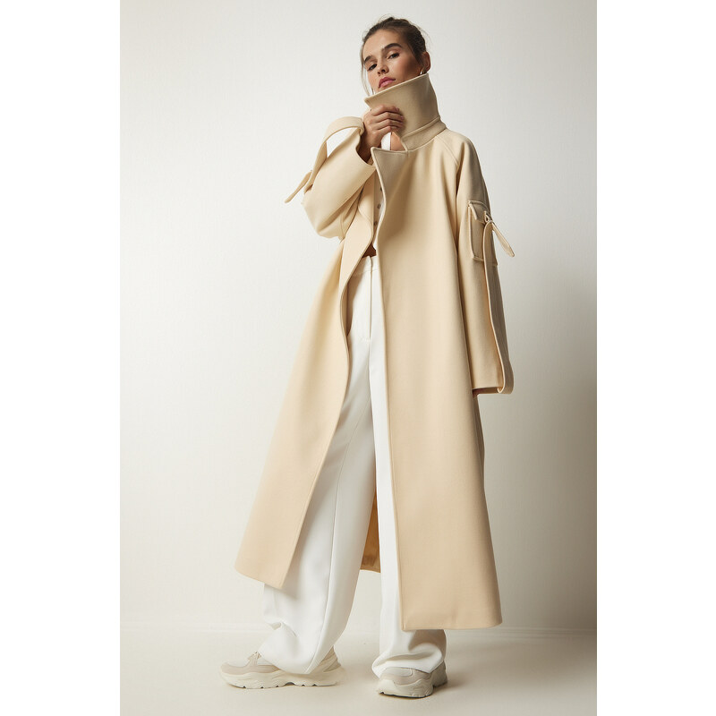 Happiness İstanbul Women's Cream Premium Fleece Long Cachet Coat with Pocket Detail on the Sleeves