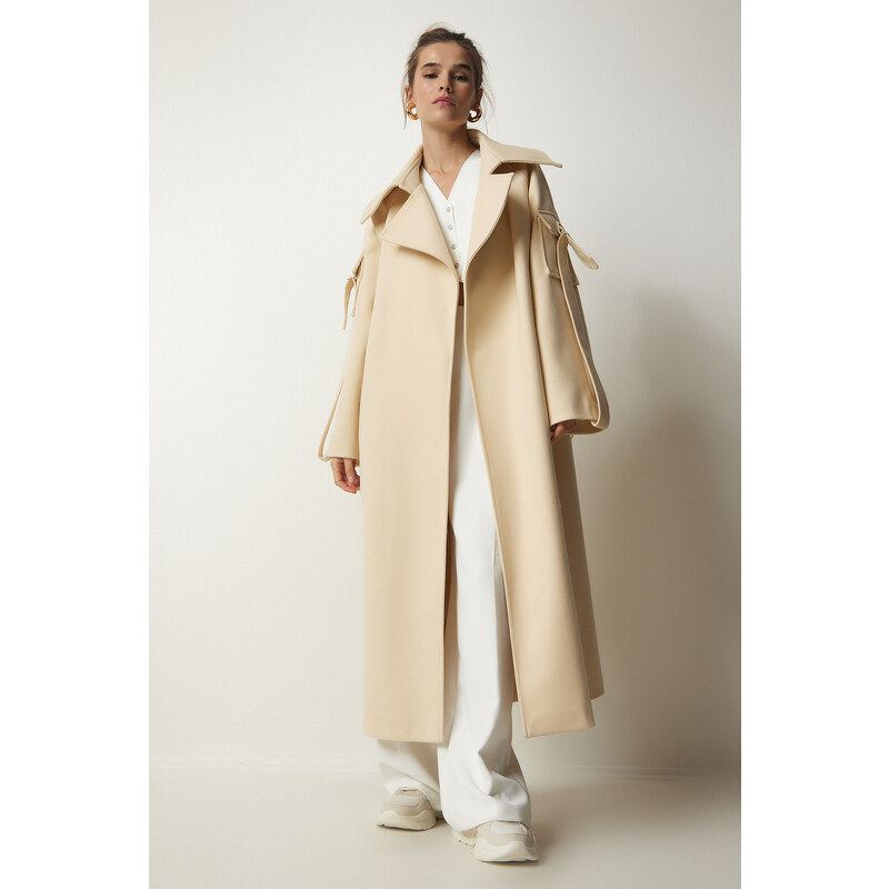 Happiness İstanbul Women's Cream Premium Fleece Long Cachet Coat with Pocket Detail on the Sleeves