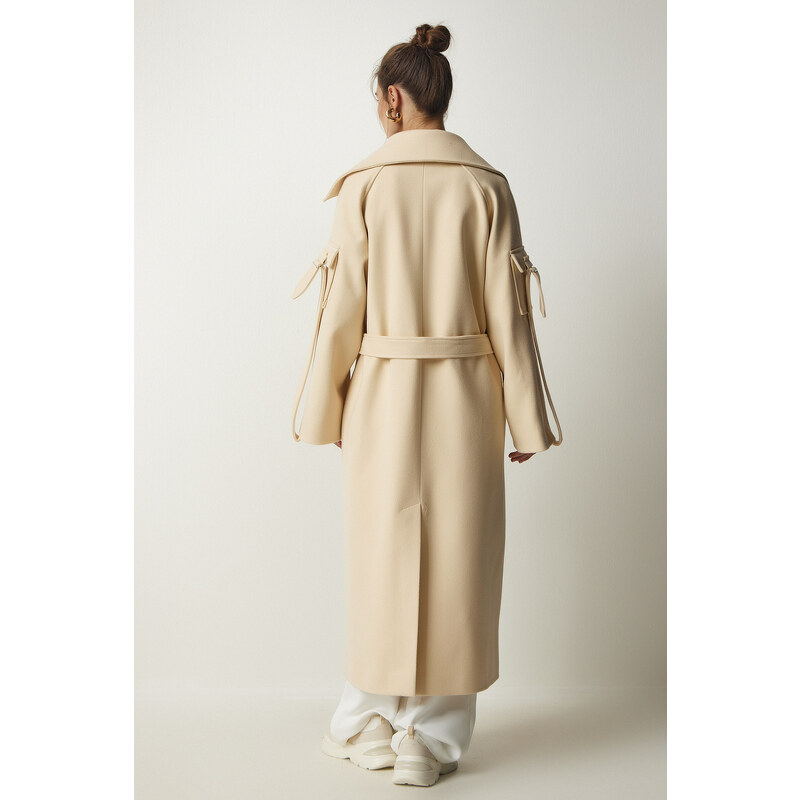 Happiness İstanbul Women's Cream Premium Fleece Long Cachet Coat with Pocket Detail on the Sleeves