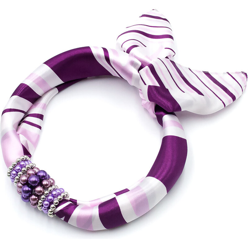 Šátek s bižuterií Letuška - bílo-fialový s pruhy