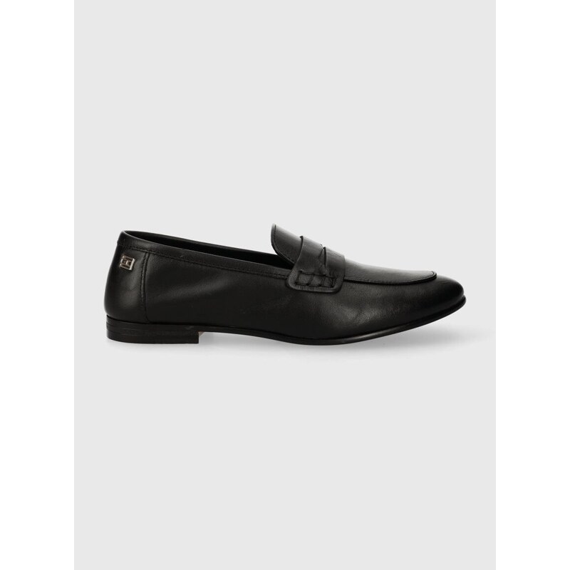 Kožené mokasíny Tommy Hilfiger ESSENTIAL LEATHER LOAFER dámské, černá barva, na plochém podpatku, FW0FW07769