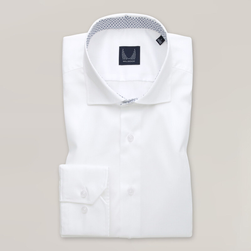Willsoor Pánská bílá košile slim fit s modrým kontrastním zdobením 15782