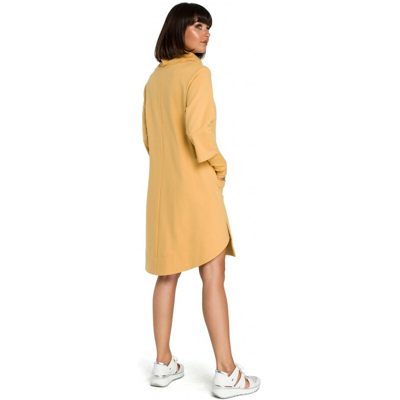 BeWear B089 Asymetrické šaty s rolovaným výstřihem - žluté