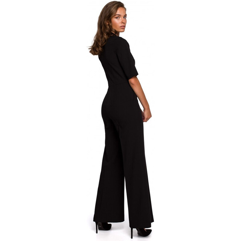 model 15107135 Elegantní overal s vázáním u krku černý - STYLOVE