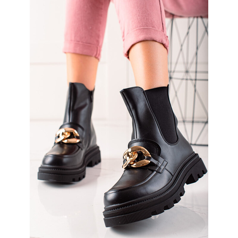 BONA Designové dámské kotníčkové boty černé na plochém podpatku