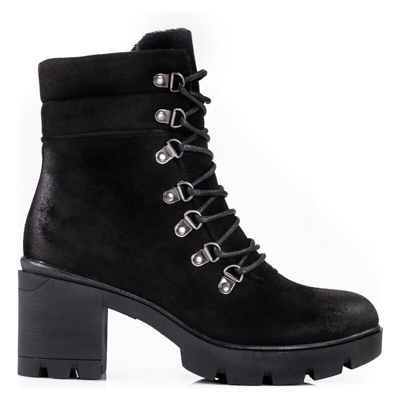Exkluzívní dámské kotníčkové boty černé na širokém podpatku