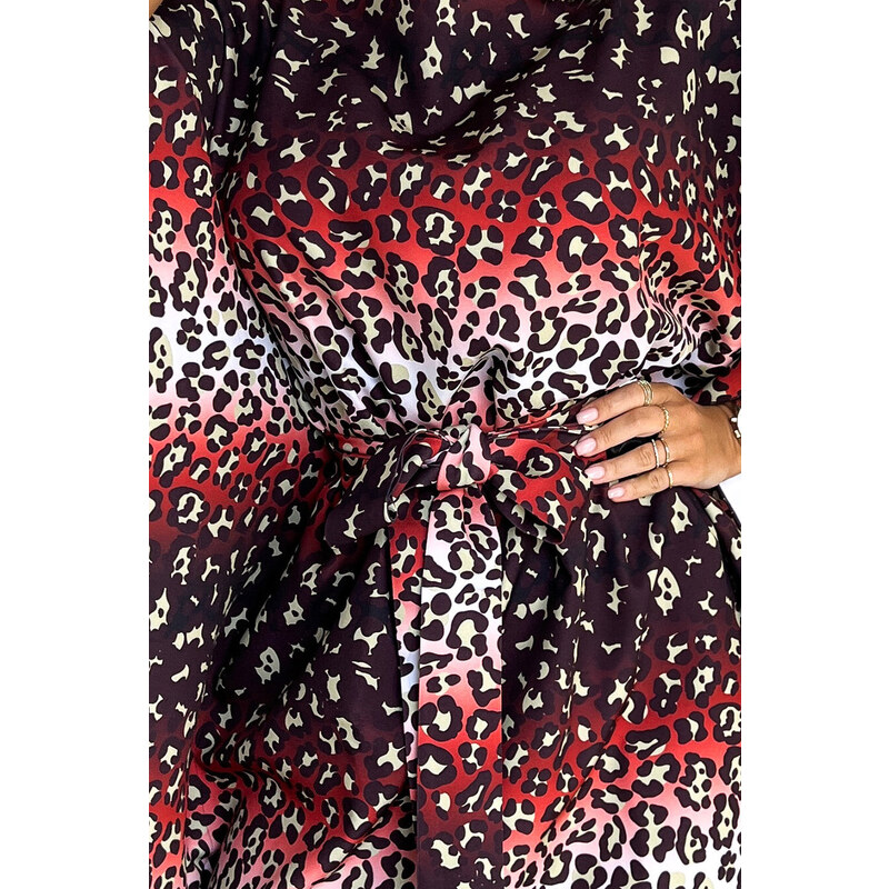 numoco SOFIA - Dámské motýlkové šaty s jaguářím vzorem a se zavazováním v pase 287-23