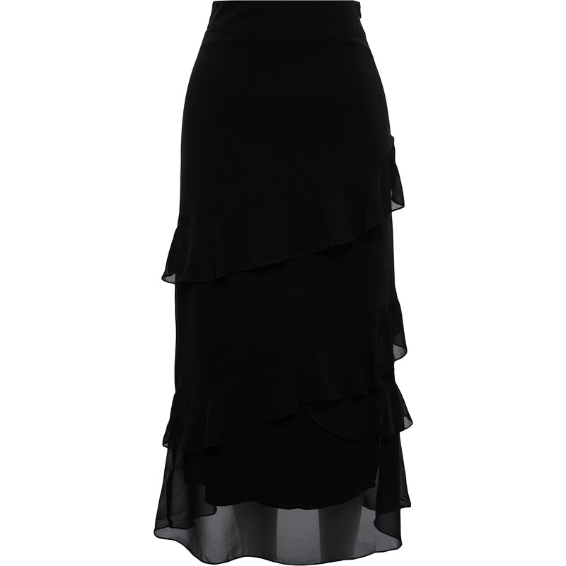 Trendyol Black Flounced Chiffon Fabric Midi Woven Skirt