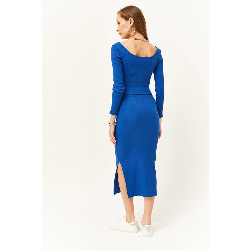 Olalook Women's Saxon Blue Open Collar Long Sleeved Blouse and Slit Skirt Set