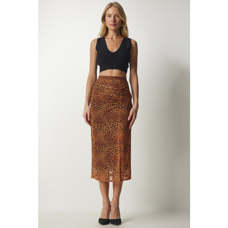 Happiness İstanbul Women's Orange Patterned Pleated Chiffon Skirt