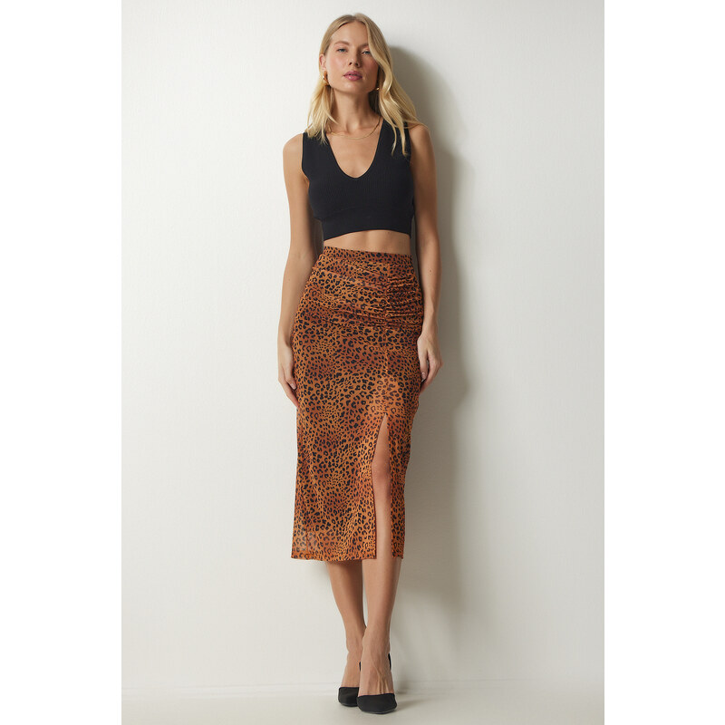 Happiness İstanbul Women's Orange Patterned Pleated Chiffon Skirt