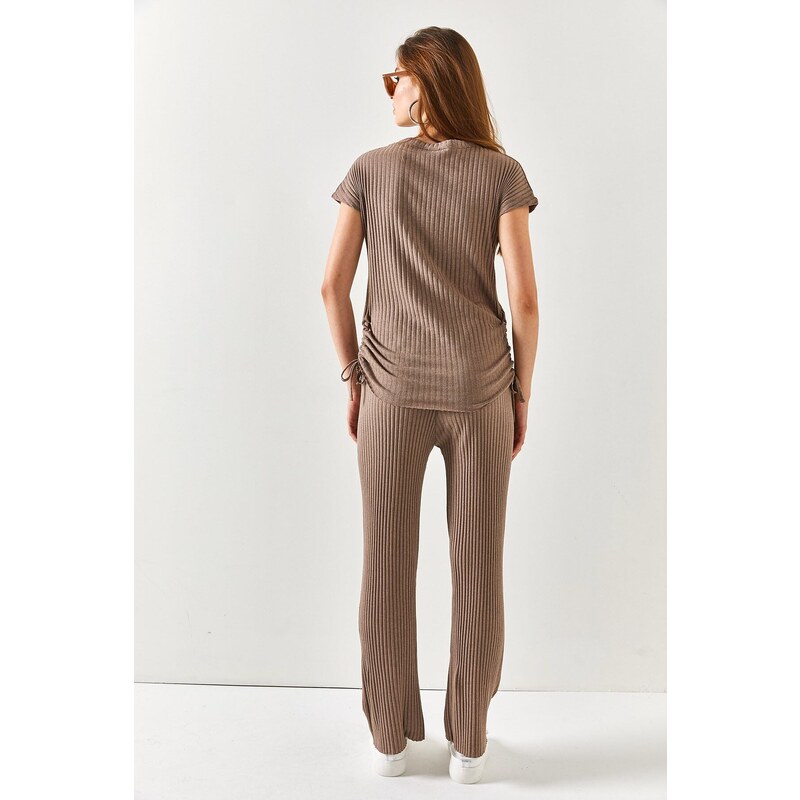 Olalook Women's Mink Gathered Blouse Palazzo Trousers Suit