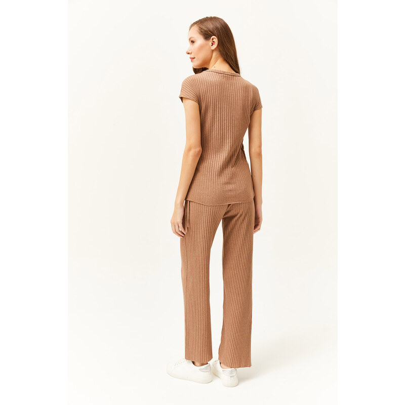 Olalook Women's Mink Gathered Blouse Palazzo Trousers Suit