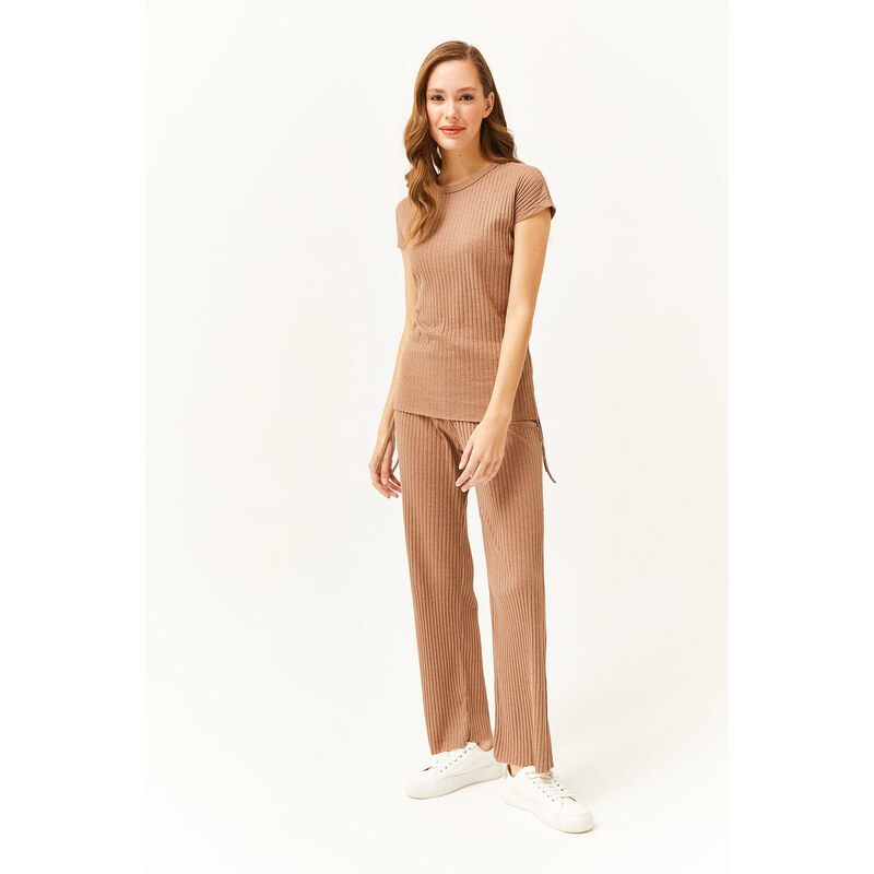 Olalook Women's Mink Gathered Blouse Palazzo Trousers Suit