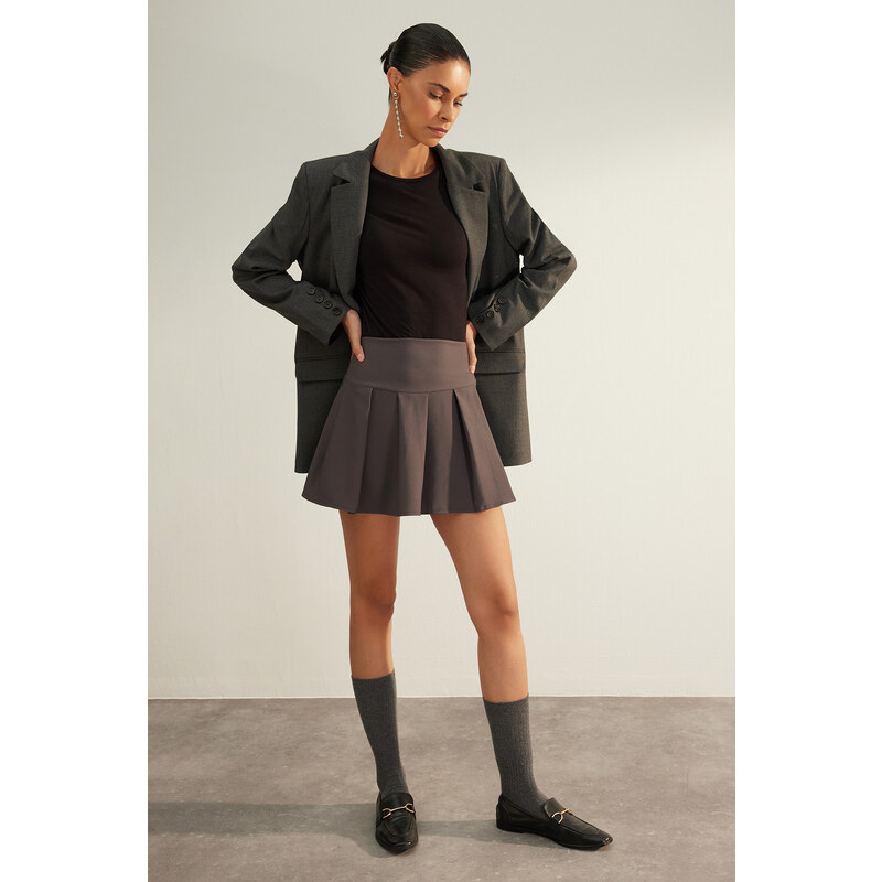 Trendyol Anthracite Premium High Quality Pleated Mini Length Woven Skirt