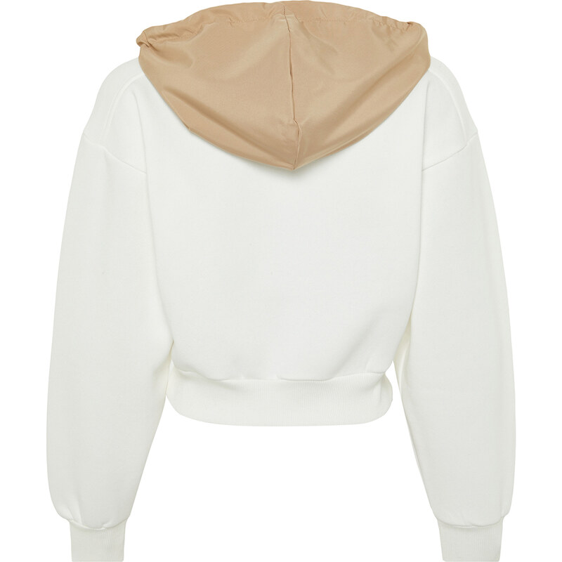 Trendyol Ecru Thick Fleece Parachute Hooded Relaxed Cut Crop Knitted Sweatshirt