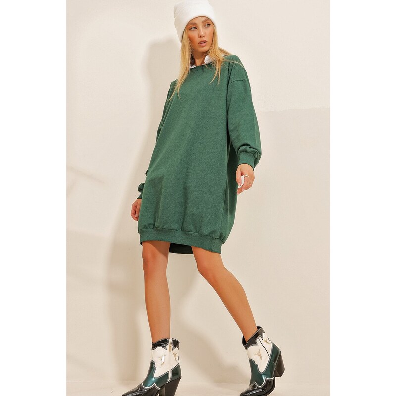 Trend Alaçatı Stili Women's Walnut Green Crew Neck Oversize Sweatshirt Dress