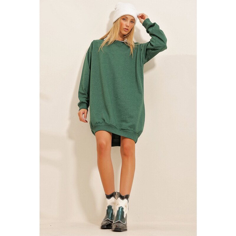 Trend Alaçatı Stili Women's Walnut Green Crew Neck Oversize Sweatshirt Dress