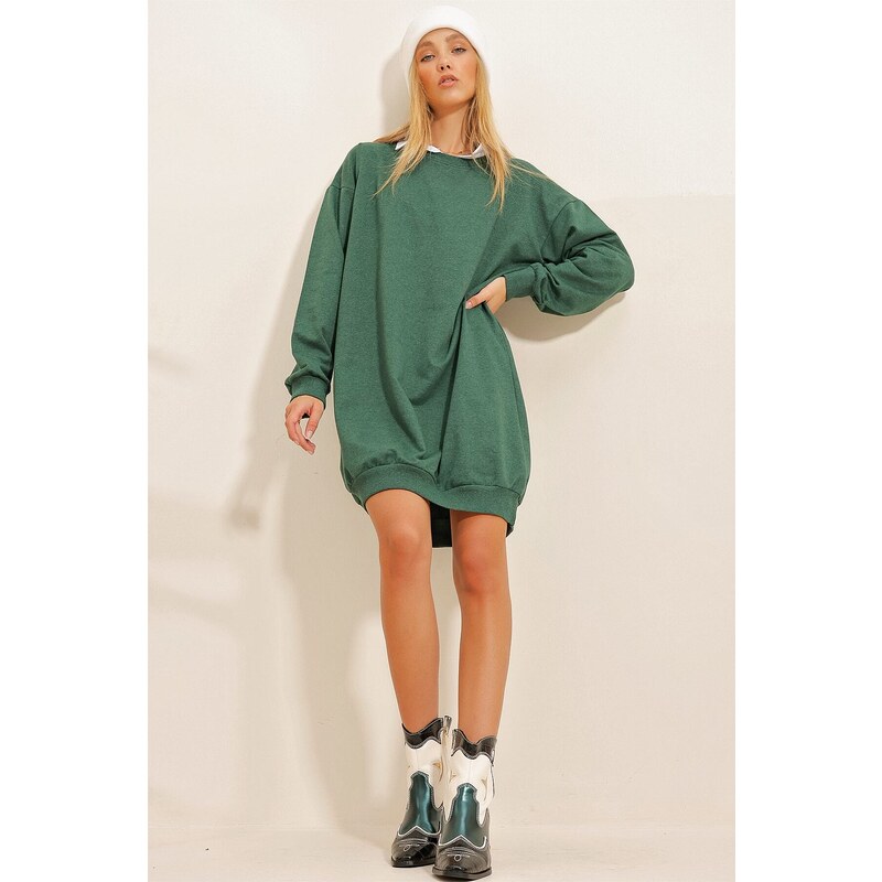 Trend Alaçatı Stili Women's Walnut Green Crew Neck Oversize Sweatshirt Dress