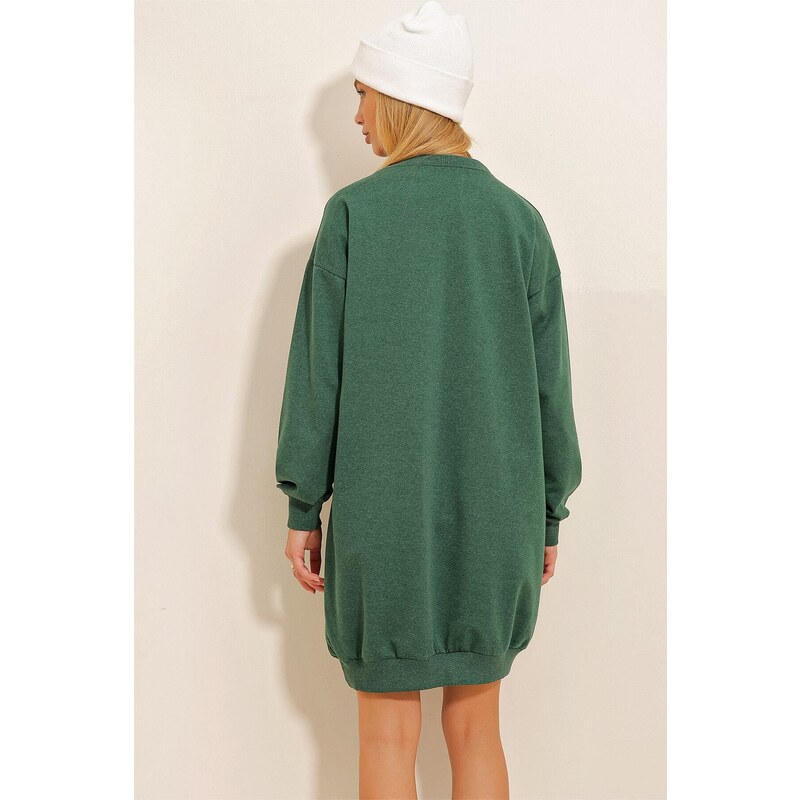 Trend Alaçatı Stili Women's Walnut Green Crew Neck Oversize Sweatshirt Dress