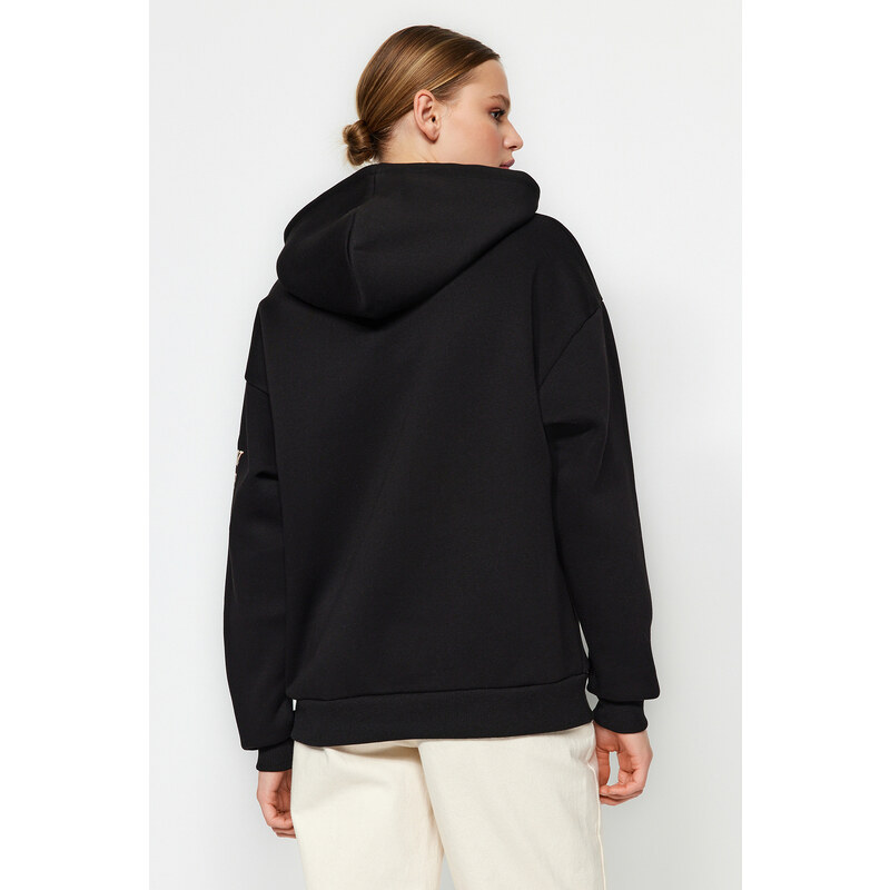 Trendyol Black Oversized/Wide-Cut Knitted Sweatshirt with a Space Print Thick Fleece Inside