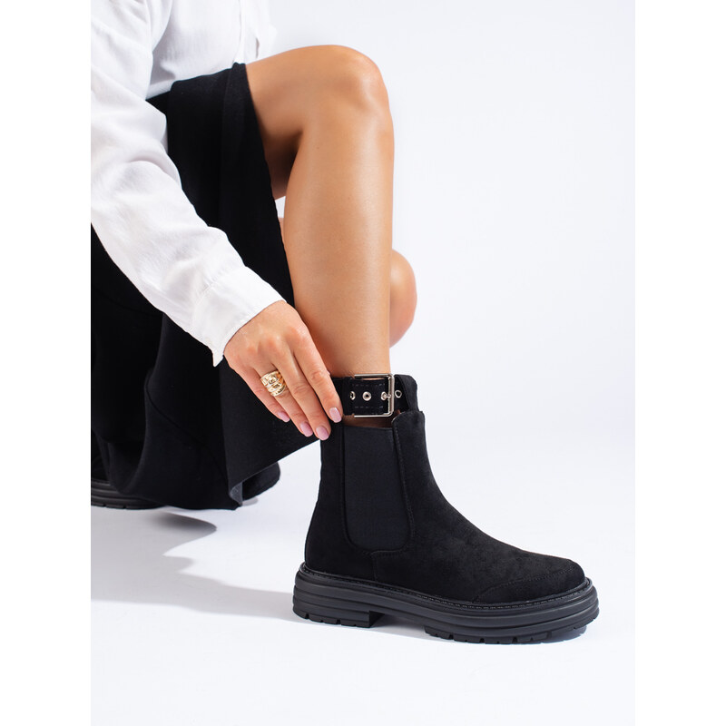 PK Pohodlné kotníčkové boty dámské černé na plochém podpatku