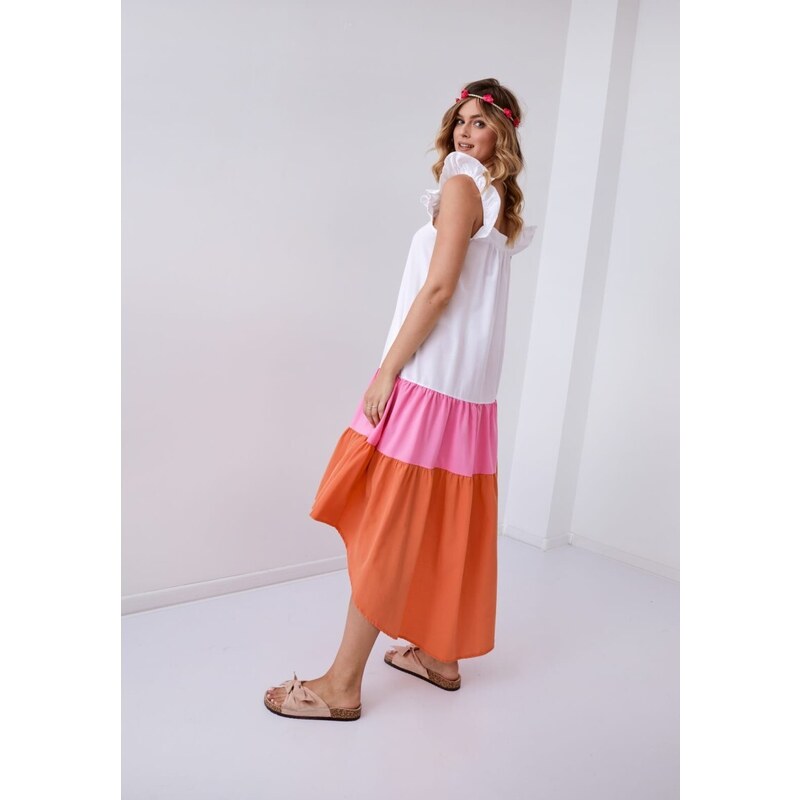 FASARDI Letní šaty na ramínka s delšími zády, růžové a oranžové