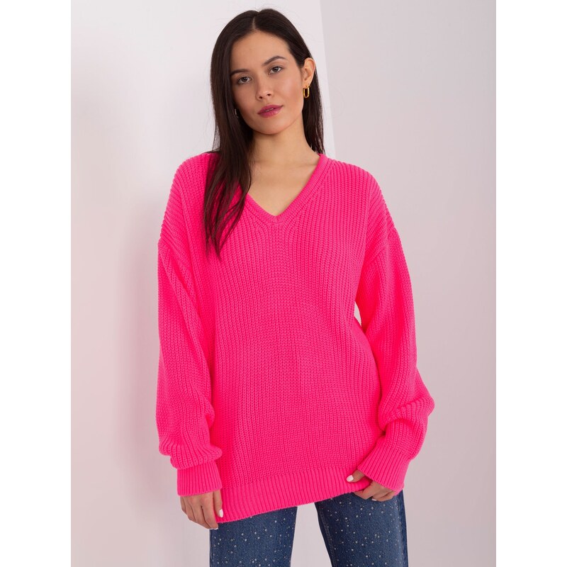 BASIC NEONOVĚ RŮŽOVÝ OVERSIZE SVETR S VÝSTŘIHEM --FLUO PINK Tmavě růžová