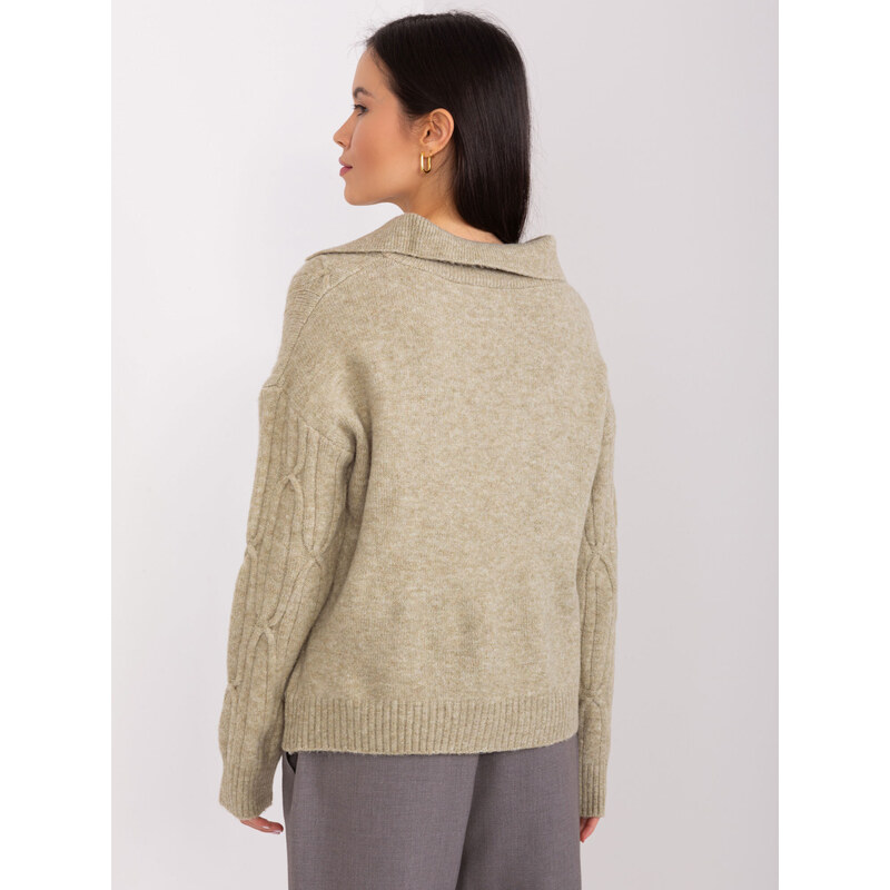 Fashionhunters Khaki dámský svetr s kabely a límečkem