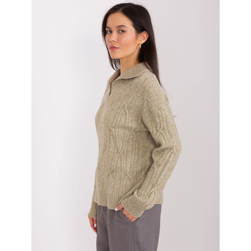 Fashionhunters Khaki dámský svetr s kabely a límečkem