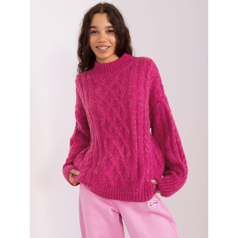 Fashionhunters Fuchsiový svetr s kabely a manžetami