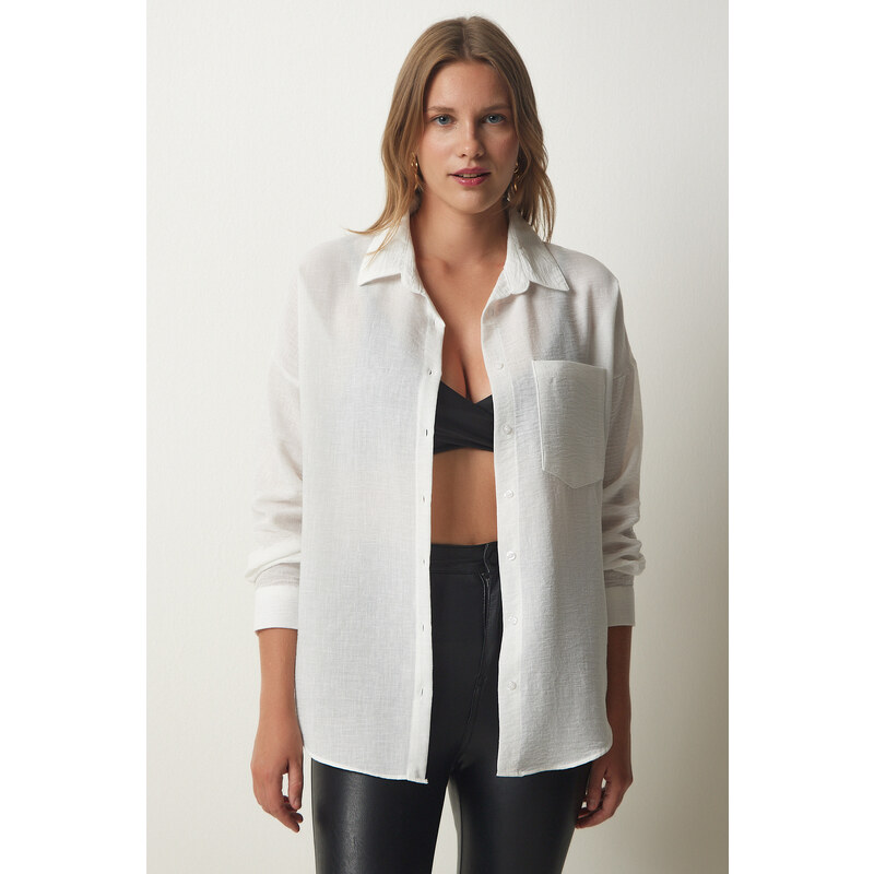 Happiness İstanbul Women's White Oversize Linen Ayrobin Shirt