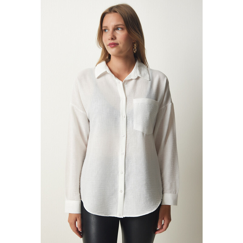 Happiness İstanbul Women's White Oversize Linen Ayrobin Shirt
