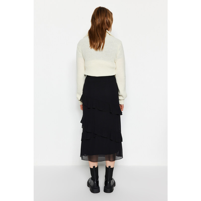 Trendyol Black Flounced Chiffon Fabric Midi Woven Skirt