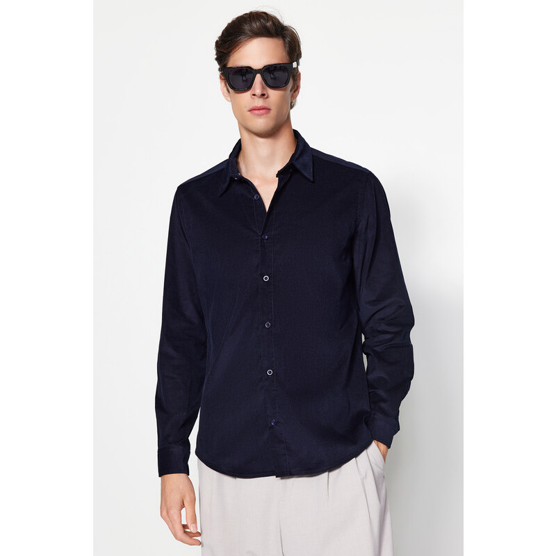 Trendyol Navy Blue Slim Fit Ribbed Velvet Thick Winter Shirt