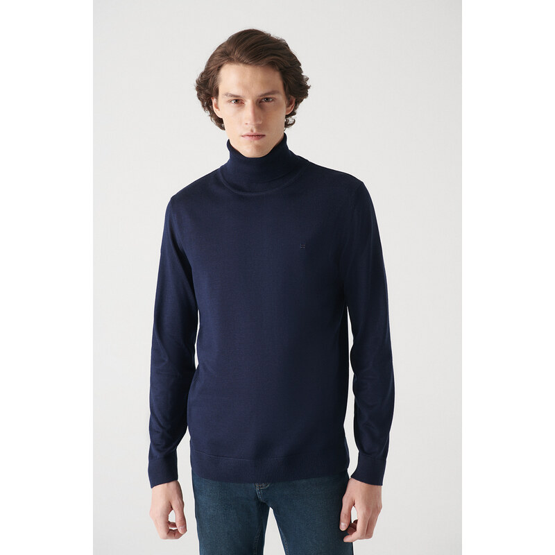 Avva Men's Navy Blue Full Turtleneck Wool Blended Regular Fit Knitwear Sweater